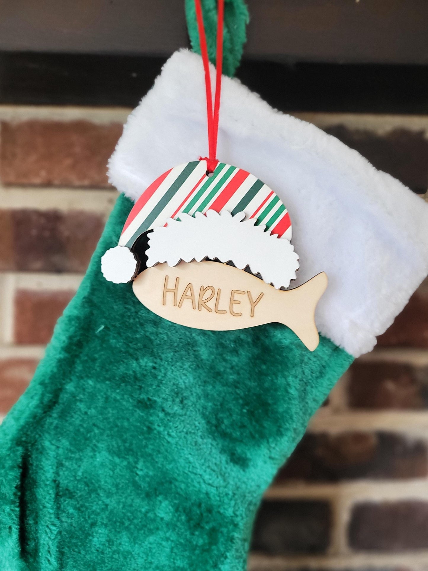Cat Christmas stocking tag, custom Personalized laser cut engraved fish. Pet lover gift ornament.