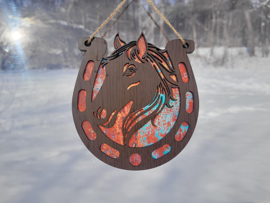 Horseshoe Horse head sun catcher. Laser ready cut file, unlimited Commerical use SVG Instant digital download.