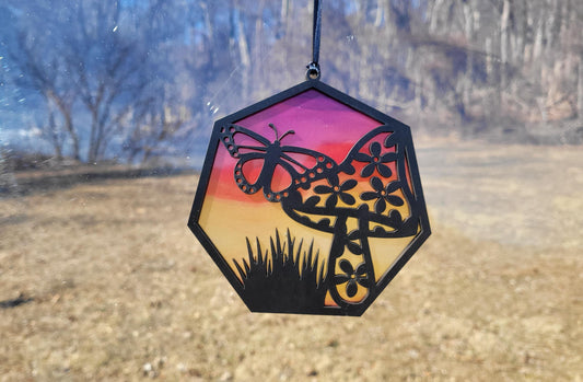 Mushroom and Butterfly cottagecore window suncatcher. Laser ready cut file, SVG Instant digital download