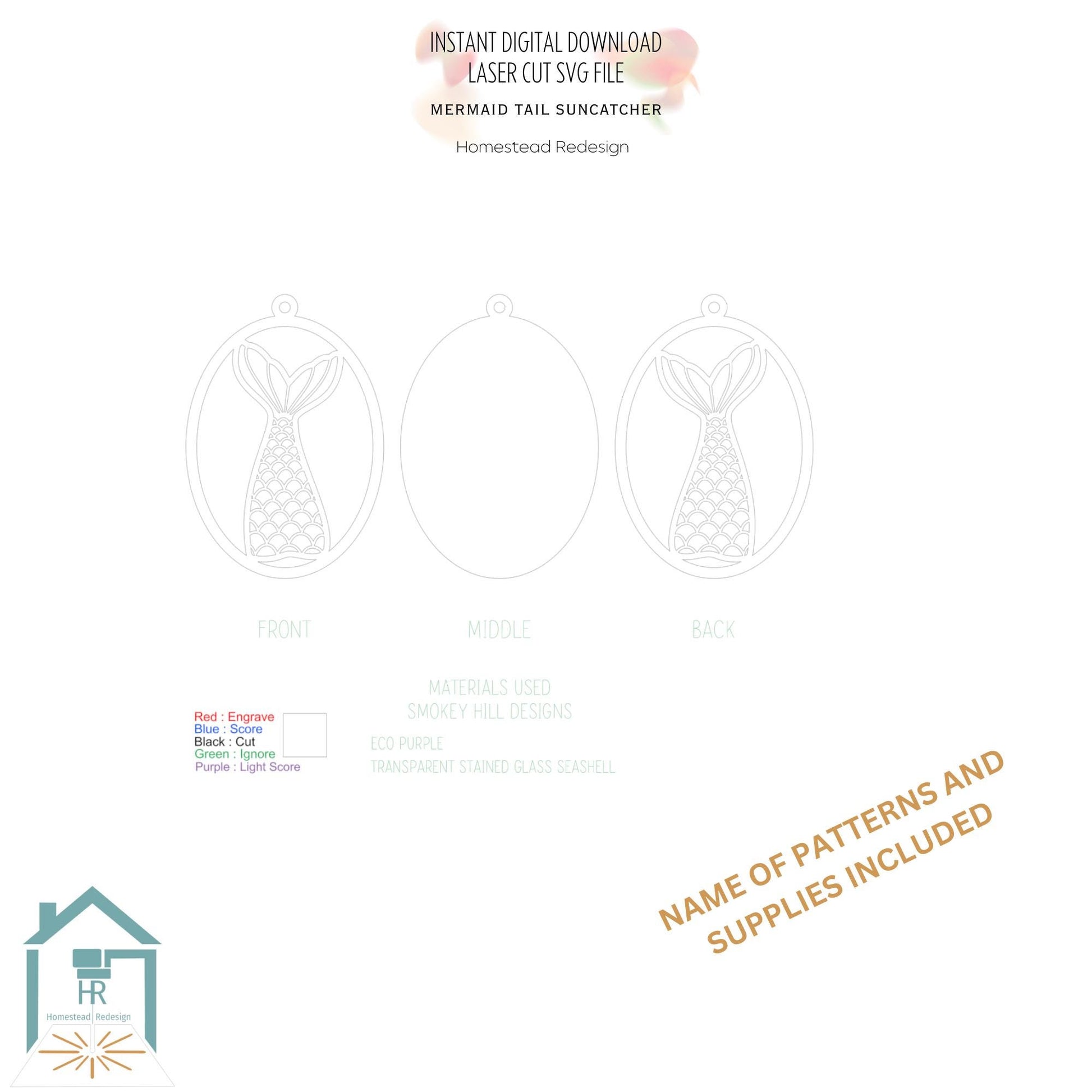 Mermaid tail window suncatcher. Laser ready cut file, SVG Instant digital download