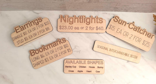 Signage for craft fair vendor booths, Bookmark, Nightlights, Earrings, Suncatcher, Blank Laser ready cut file, SVG Instant digital download.