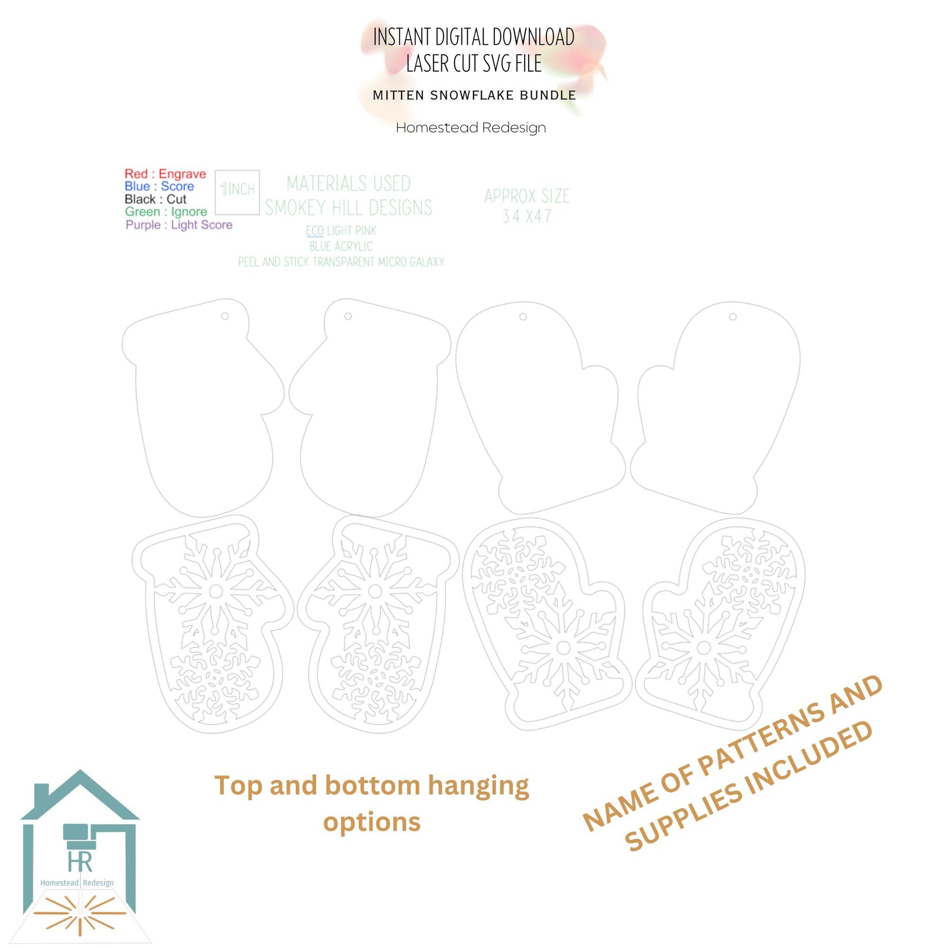 Christmas ornament 4 piece Snowflake bundle set, Mittens, stocking, let it snow snowman, tree, laser ready cut file, SVG digital download.