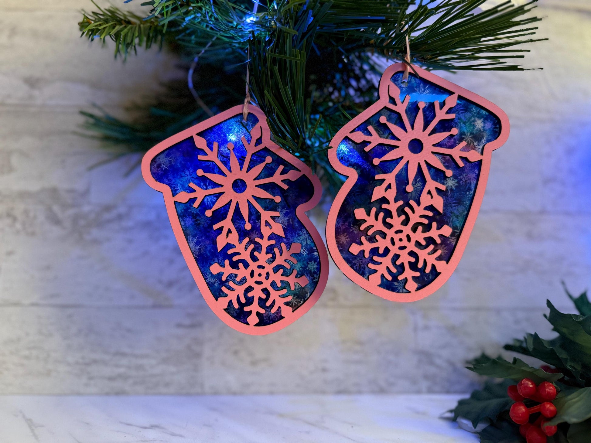Christmas ornament 4 piece Snowflake bundle set, Mittens, stocking, let it snow snowman, tree, laser ready cut file, SVG digital download.
