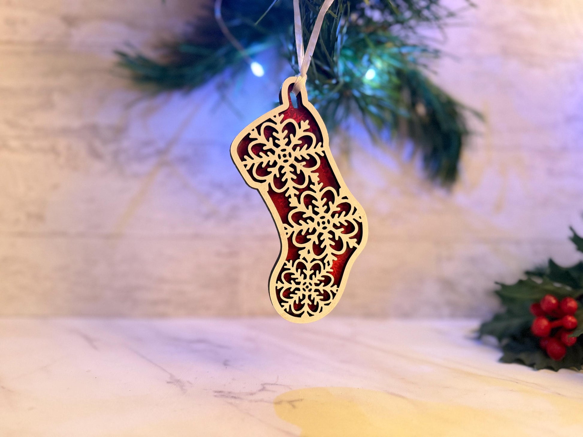 Christmas ornament 4 piece Snowflake bundle set, Mittens, stocking, let it snow snowman, tree, laser ready cut file, SVG digital download.