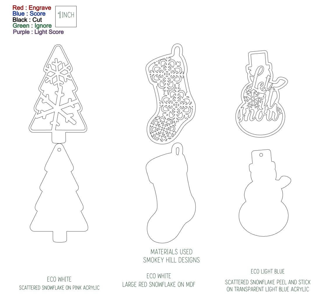 Christmas ornament 4 piece Snowflake bundle set, Mittens, stocking, let it snow snowman, tree, laser ready cut file, SVG digital download.