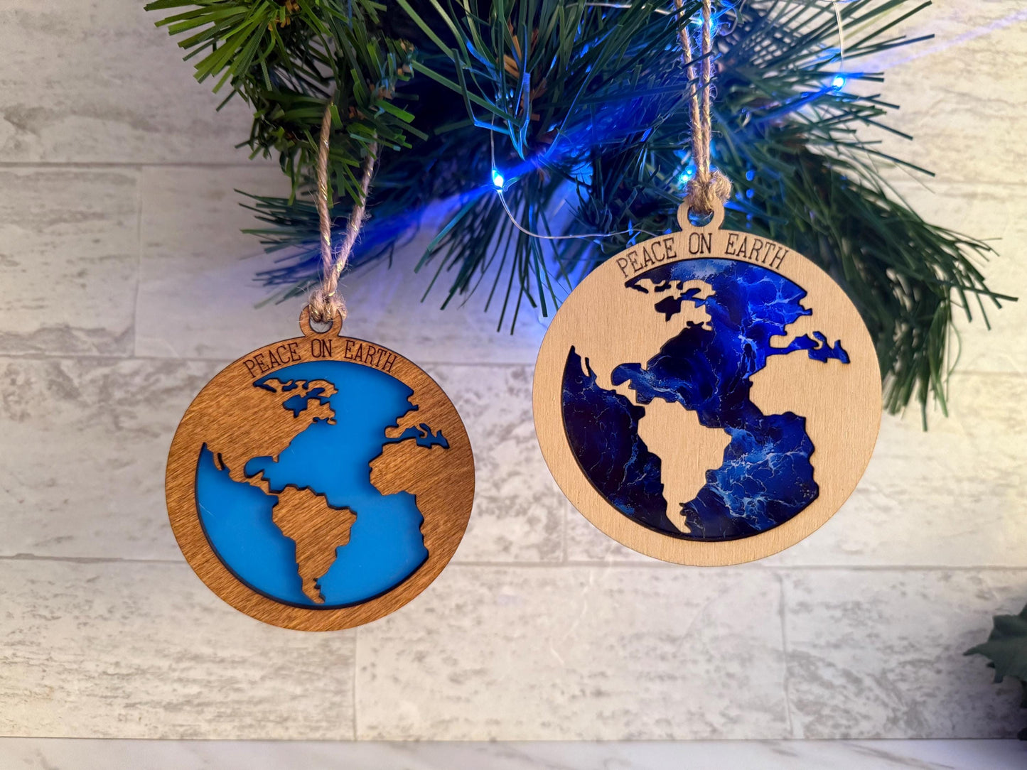 Peace on Earth laser cut Christmas ornament, World map and ocean layered ornament.
