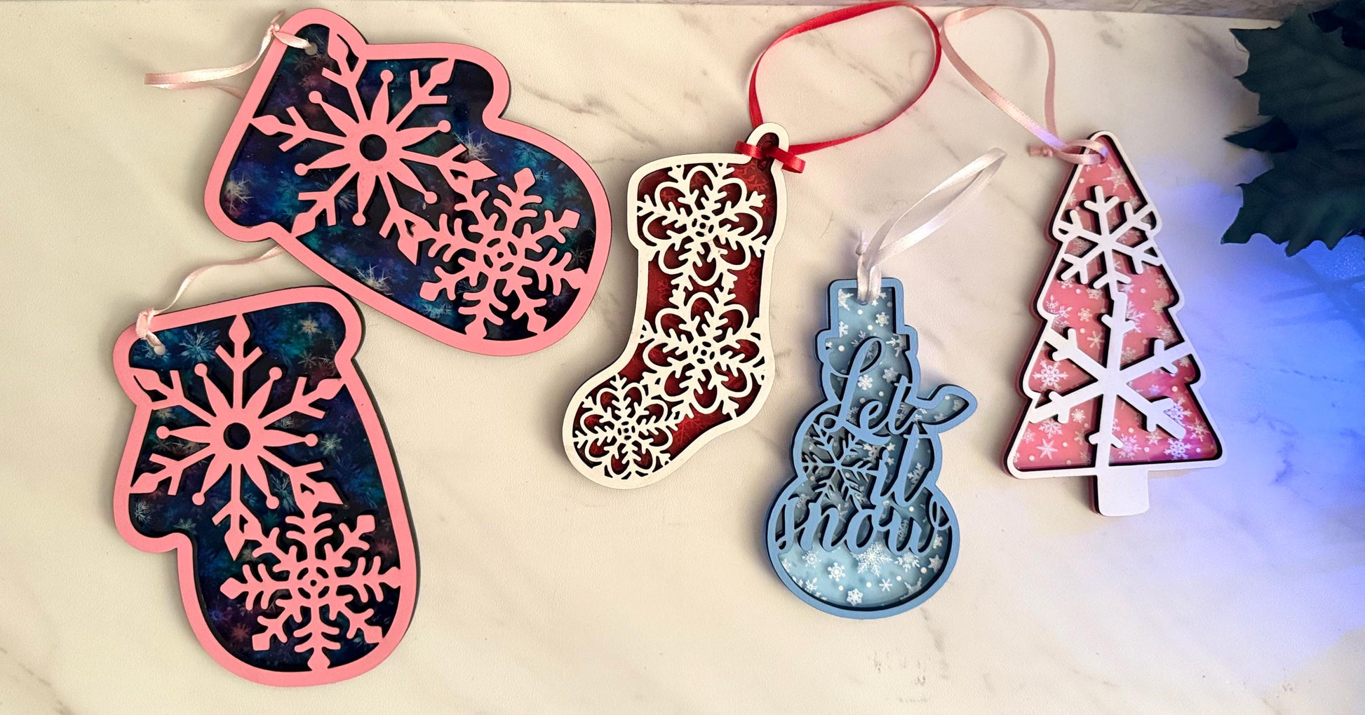 Christmas ornament 4 piece Snowflake bundle set, Mittens, stocking, let it snow snowman, tree, laser ready cut file, SVG digital download.