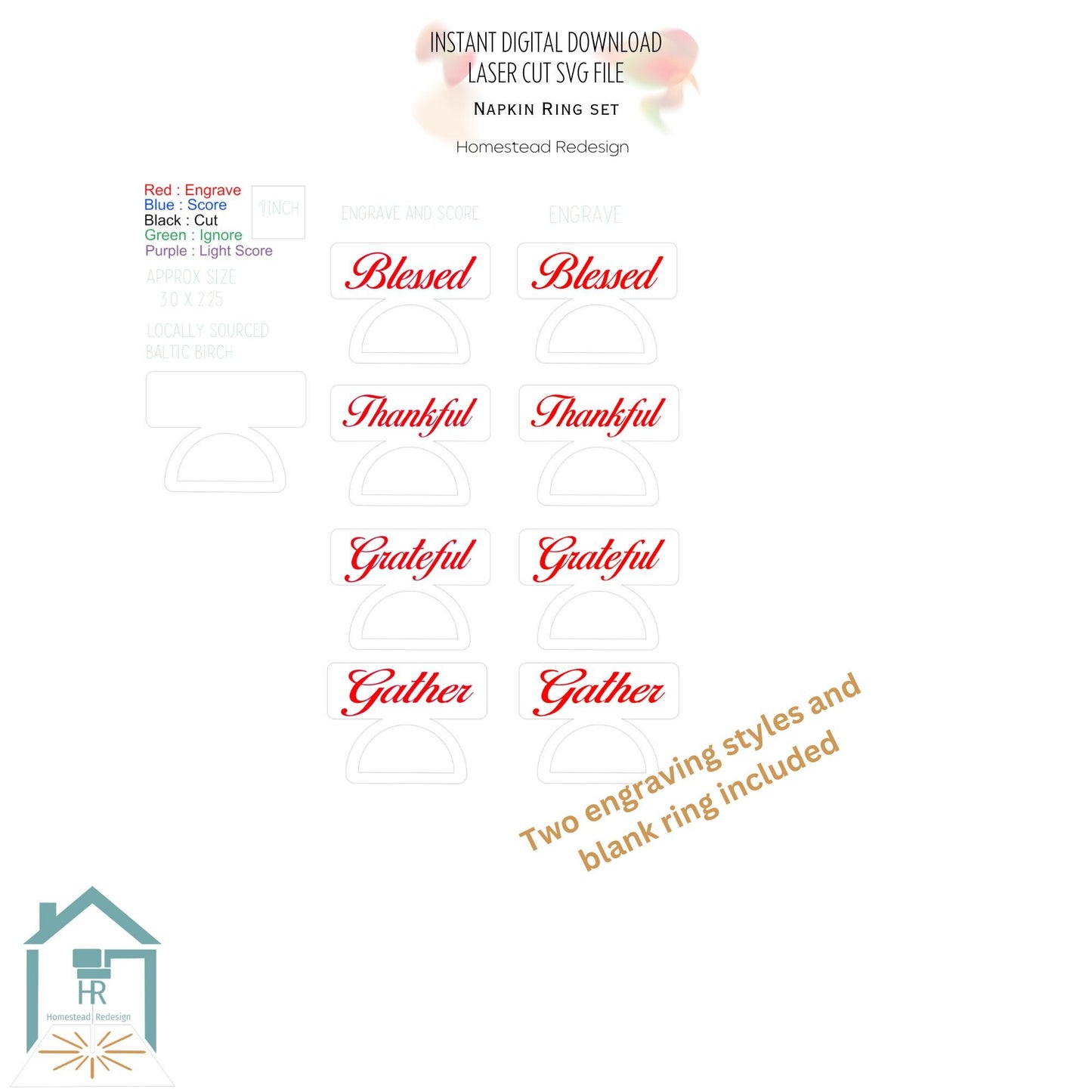 Thankful, Grateful, Blessed, Gather Napkin rings Laser ready cut file, SVG Instant digital download.