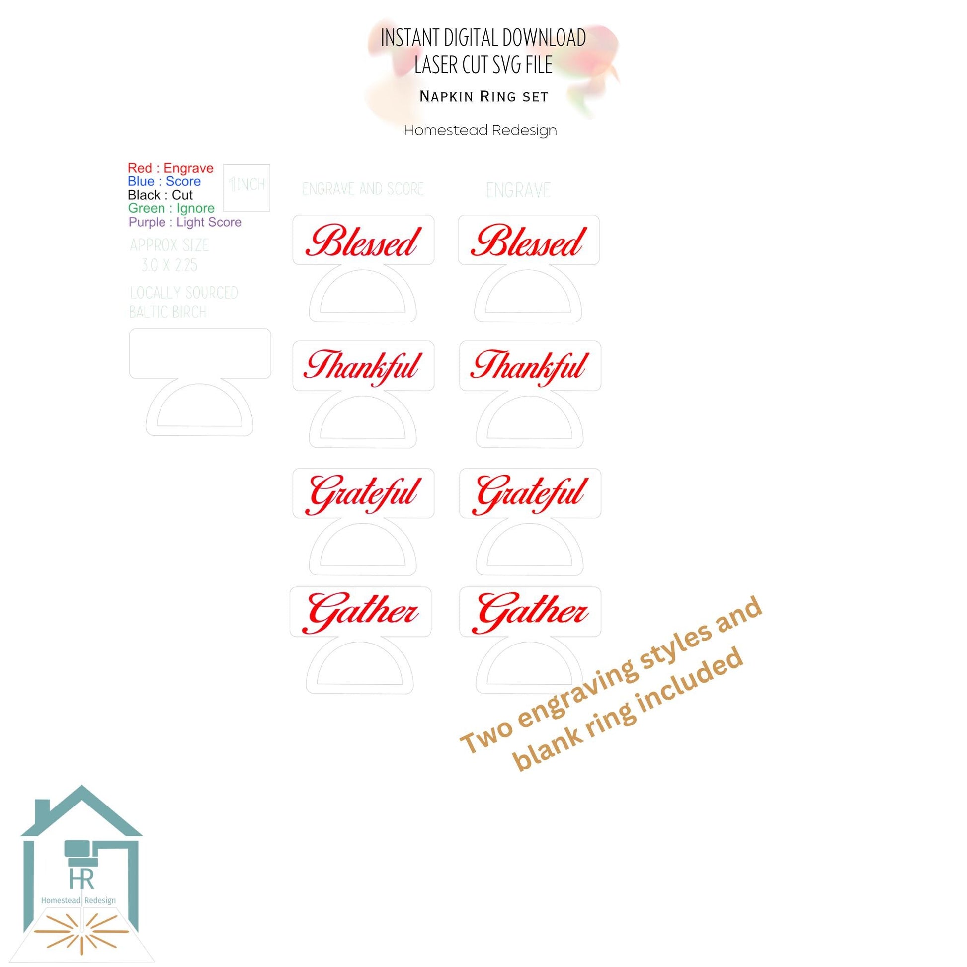 Thankful, Grateful, Blessed, Gather Napkin rings Laser ready cut file, SVG Instant digital download.