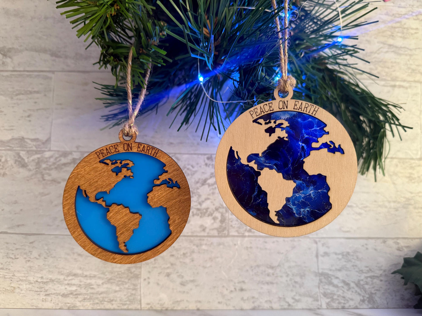 Peace on Earth laser cut Christmas ornament, World map and ocean layered ornament.