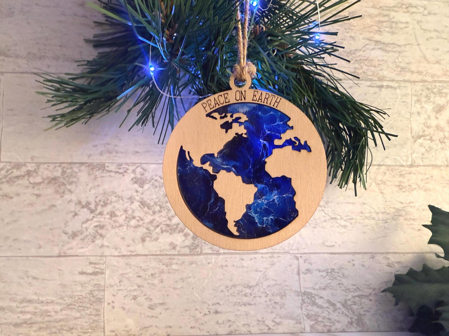 Peace on Earth laser cut Christmas ornament, World map and ocean layered ornament.