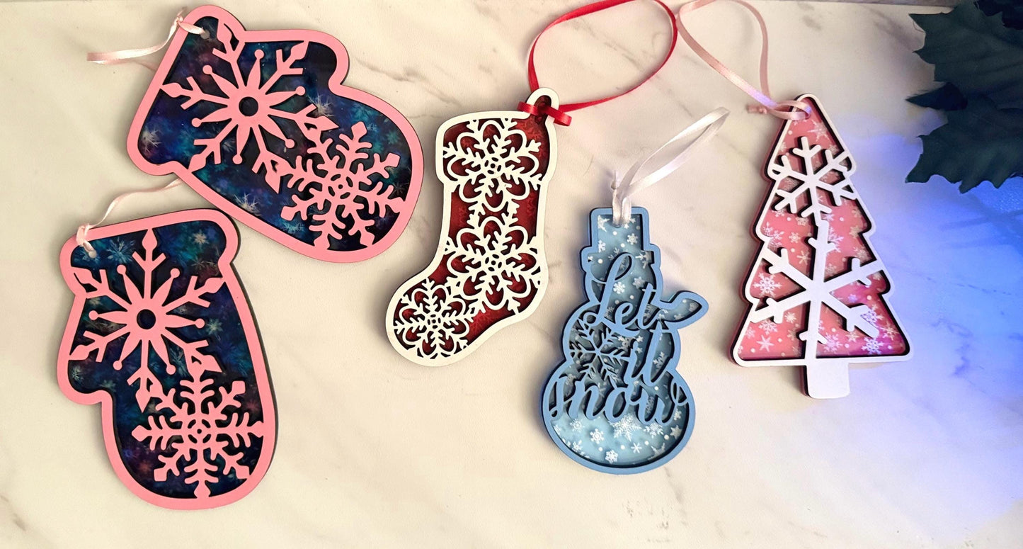 Christmas ornament 4 piece Snowflake bundle set, Mittens, stocking, let it snow snowman, tree, laser ready cut file, SVG digital download.