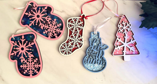 Christmas ornament 4 piece Snowflake bundle set, Mittens, stocking, let it snow snowman, tree, laser ready cut file, SVG digital download.