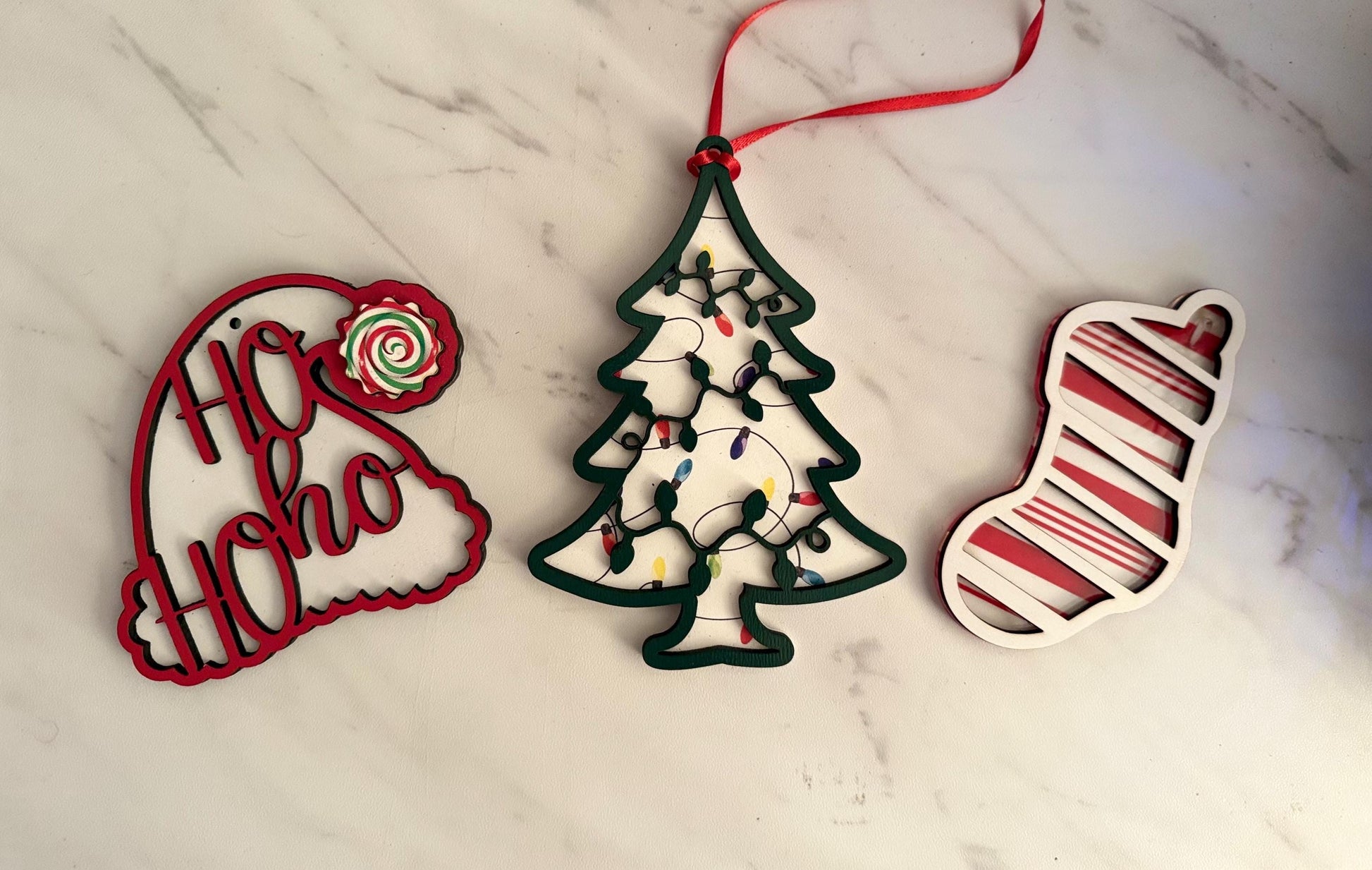 Christmas ornament SVG Bundle, 3 piece set, Stocking, tree, Santa hat, laser ready cut file, digital download.