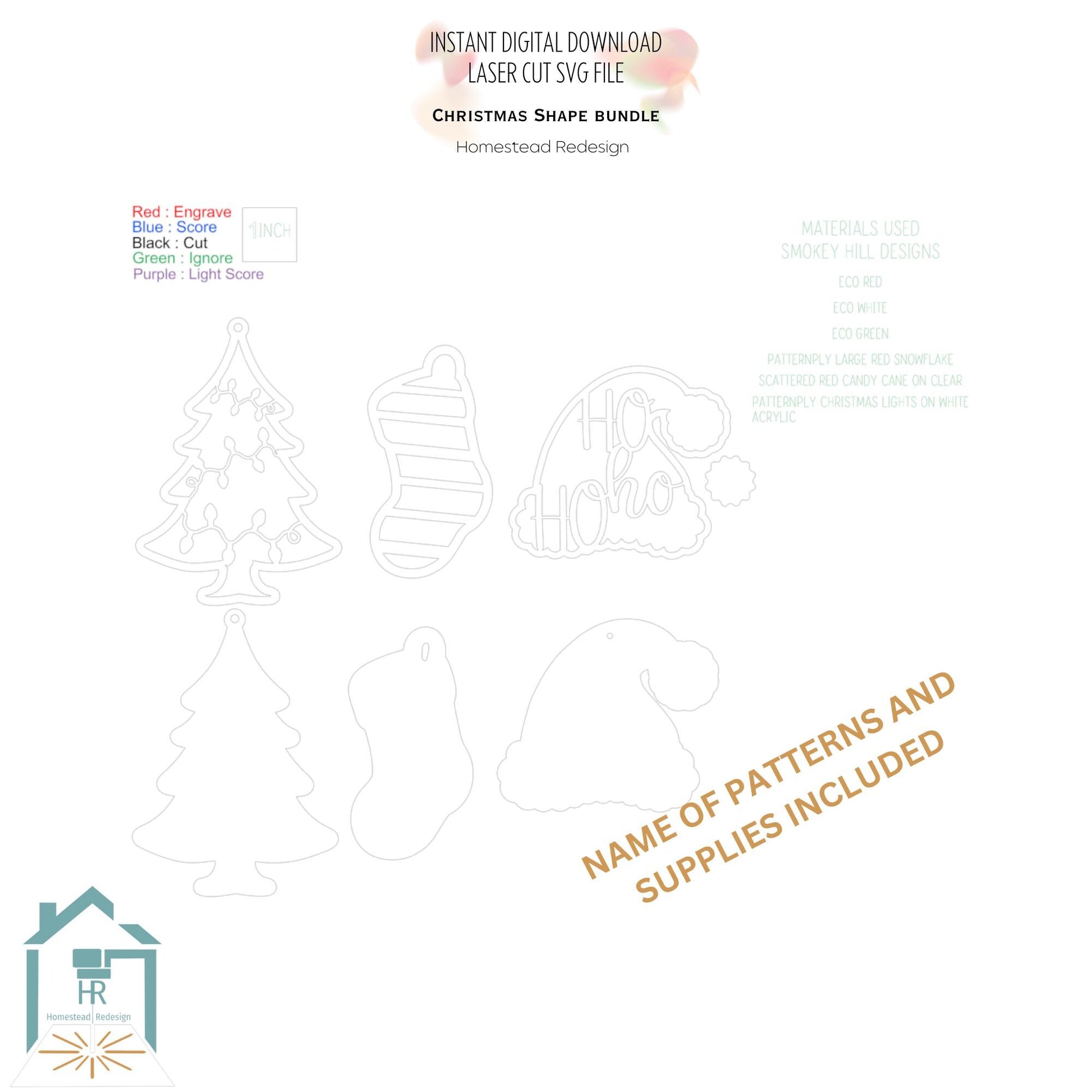 Christmas ornament SVG Bundle, 3 piece set, Stocking, tree, Santa hat, laser ready cut file, digital download.