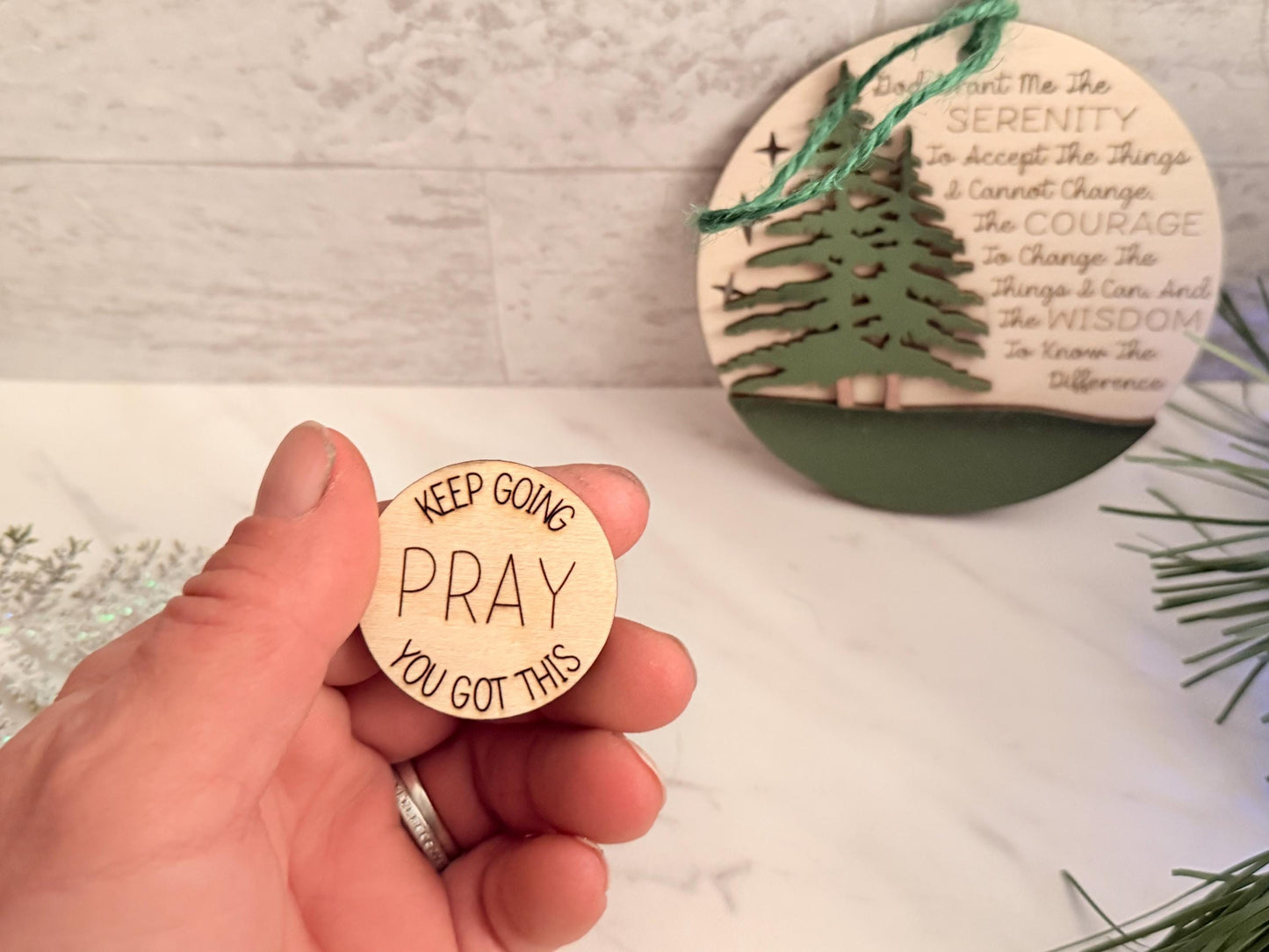 Serenity Prayer laser engraved and cut Christmas ornament, Recovery encouragement.