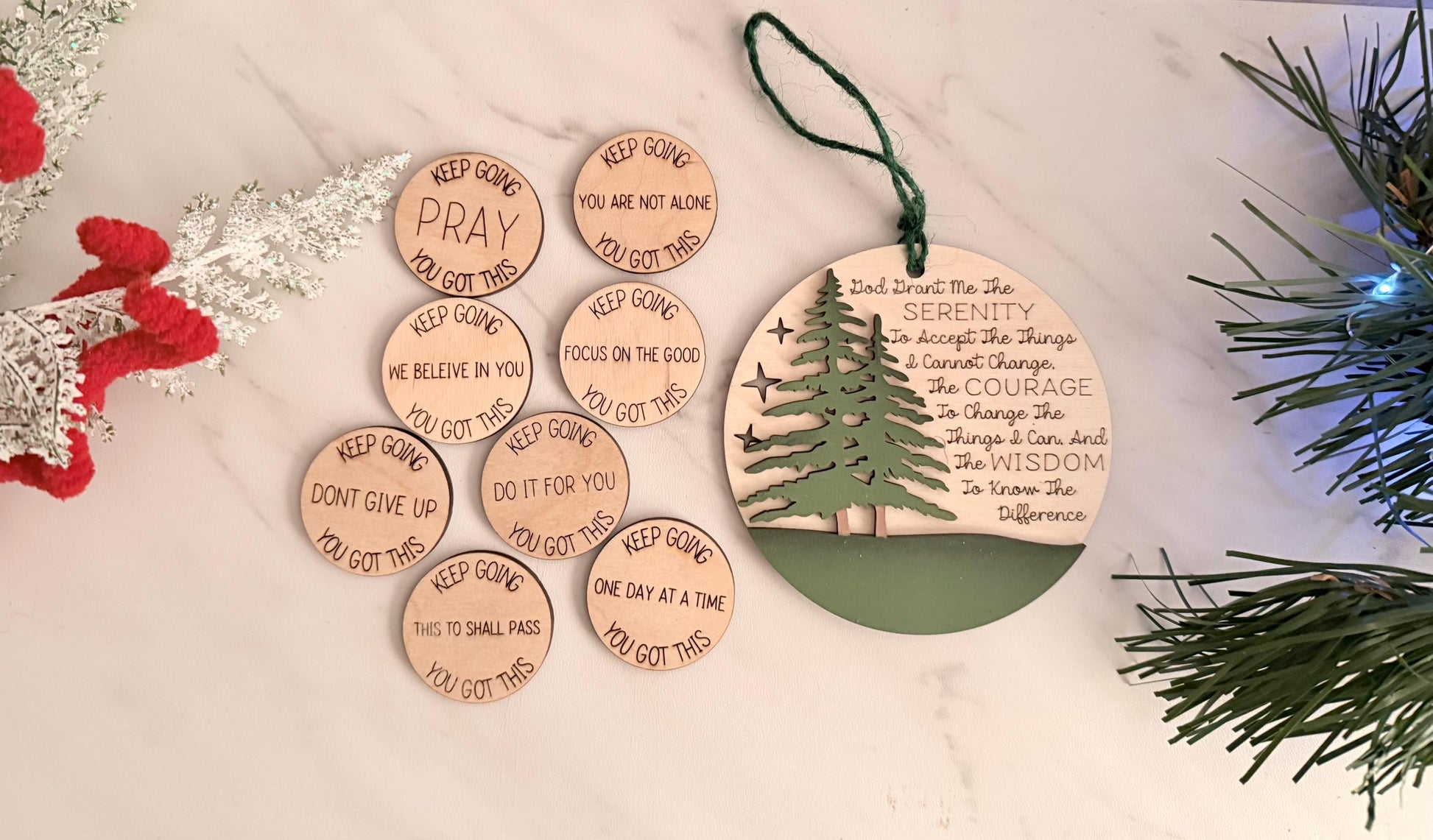 Serenity Prayer laser engraved and cut Christmas ornament, Recovery encouragement.
