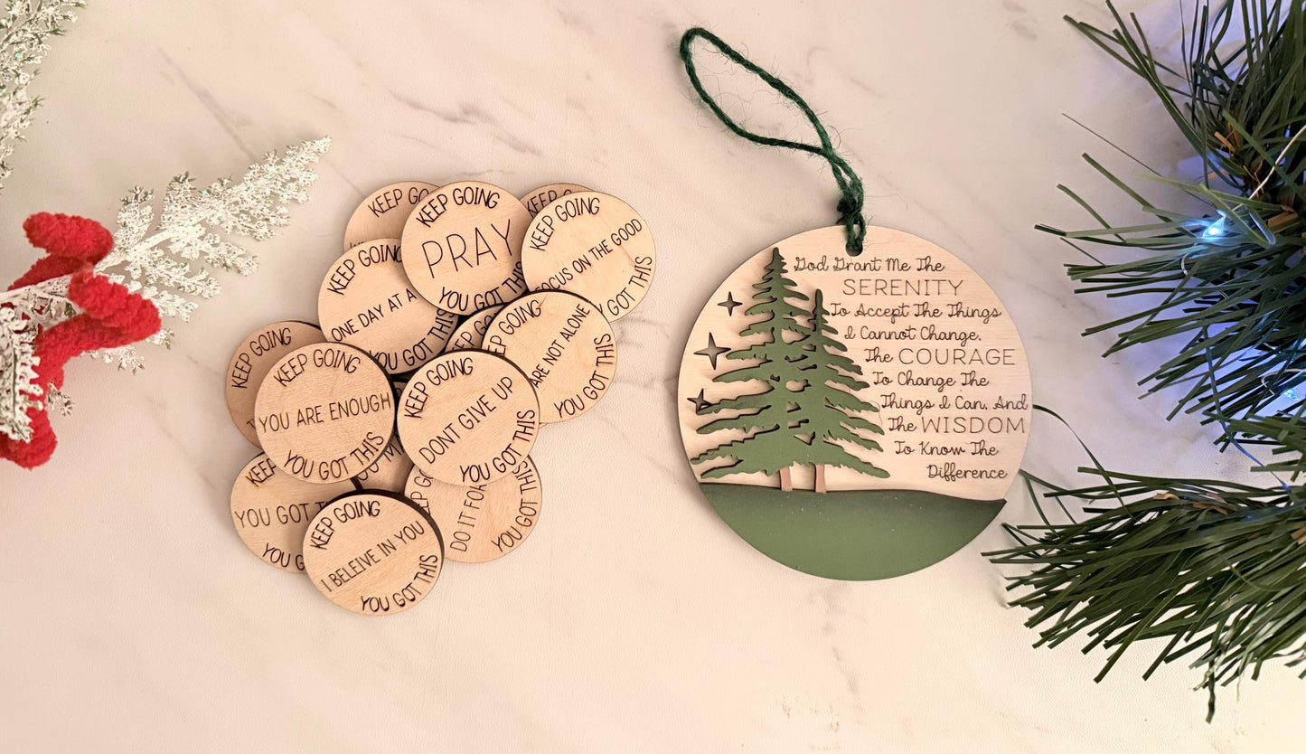 Serenity Prayer laser engraved and cut Christmas ornament, Recovery encouragement.