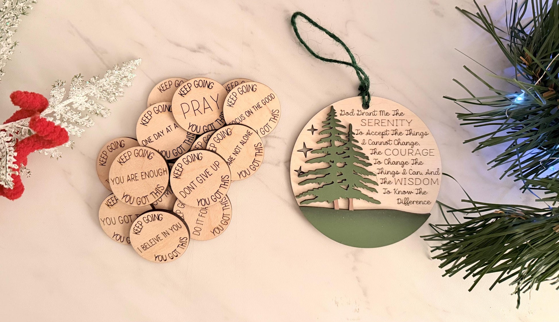Serenity Prayer laser engraved and cut Christmas ornament, Recovery encouragement.