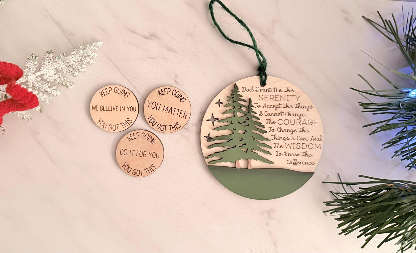 Serenity Prayer laser engraved and cut Christmas ornament, Recovery encouragement.