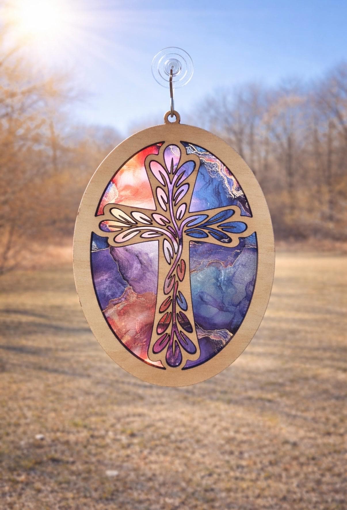 Oval leaf Cross Suncatcher Laser Ready Cut file, SVG Instant digital download.