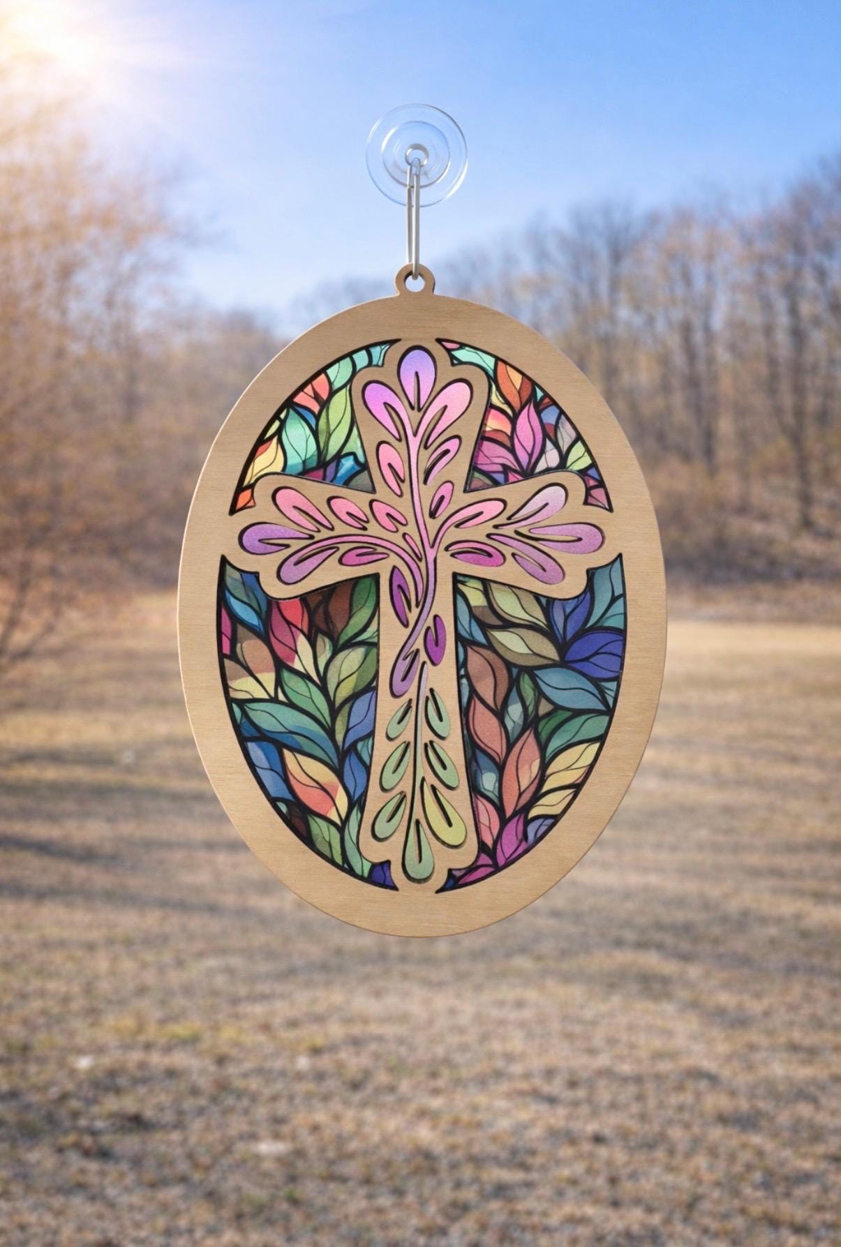 Oval leaf Cross Suncatcher Laser Ready Cut file, SVG Instant digital download.