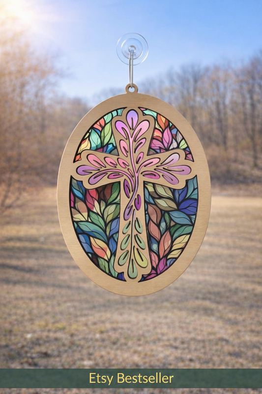 Oval leaf Cross Suncatcher Laser Ready Cut file, SVG Instant digital download.