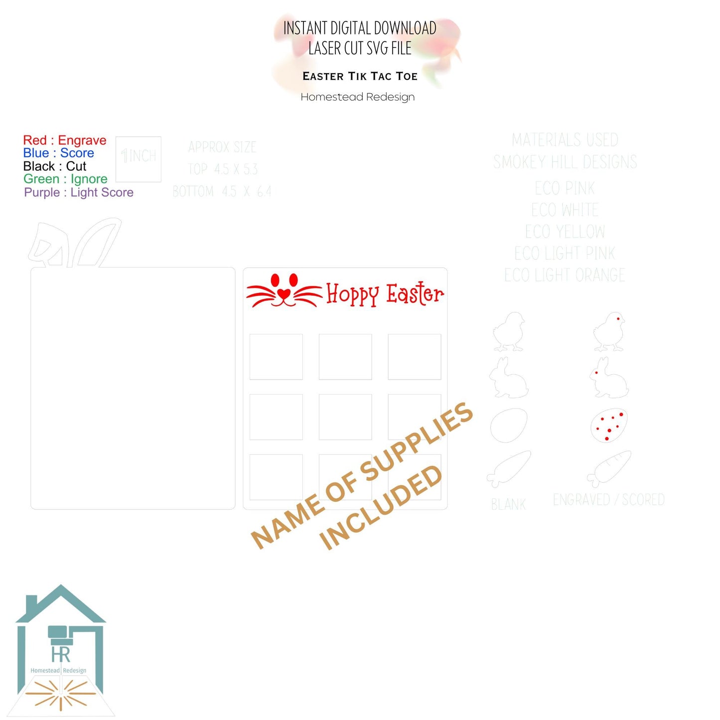 Hoppy Easter Tic Tac Toe Laser ready cut file, SVG Instant digital download, small business commercial use.