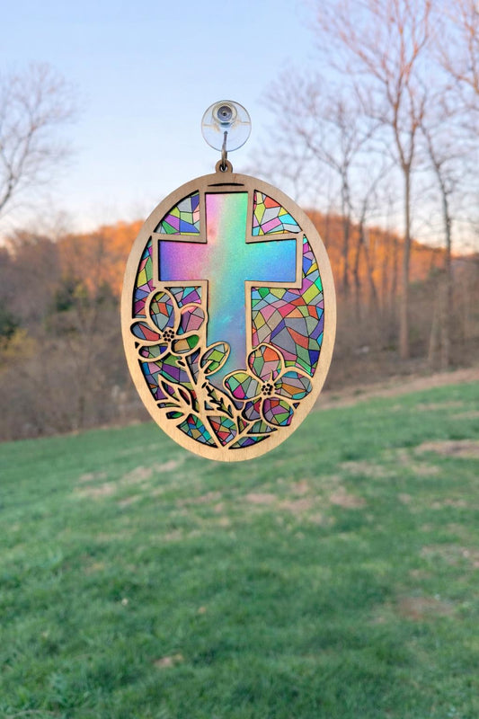 Oval Dogwood Cross Suncatcher Laser Ready Cut file, SVG Instant digital download.