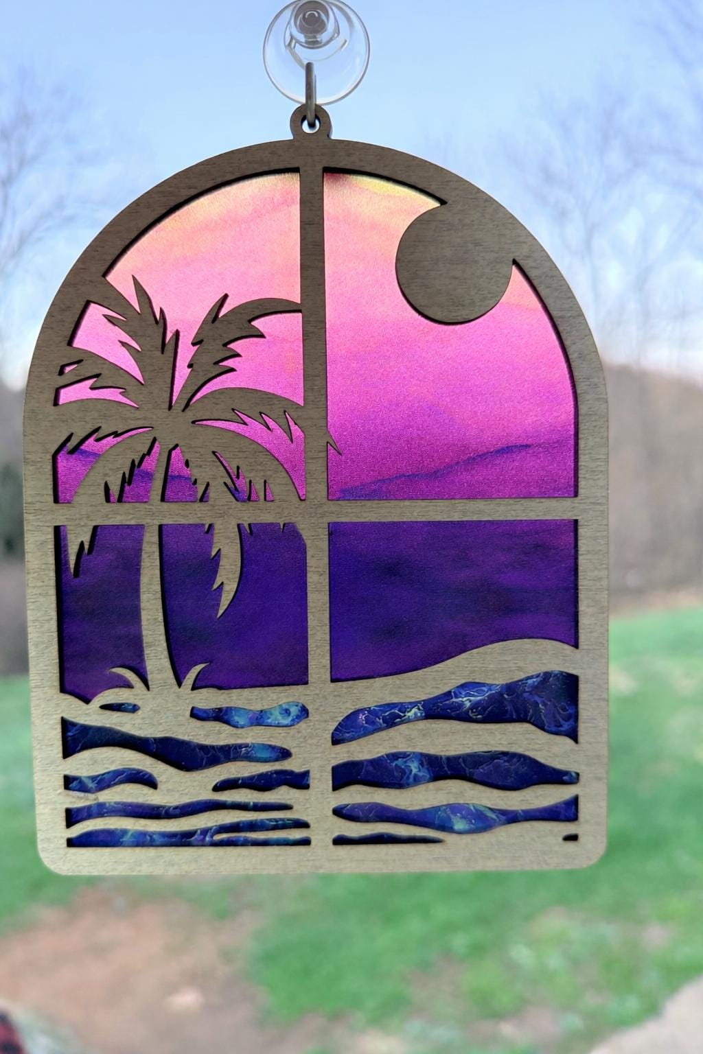 Tropical Palm tree Sun Catcher SVG, Coastal Beach Window Decor, Summer digital download Laser Cut file.