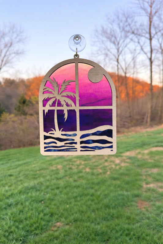 Tropical Palm tree Sun Catcher SVG, Coastal Beach Window Decor, Summer digital download Laser Cut file.