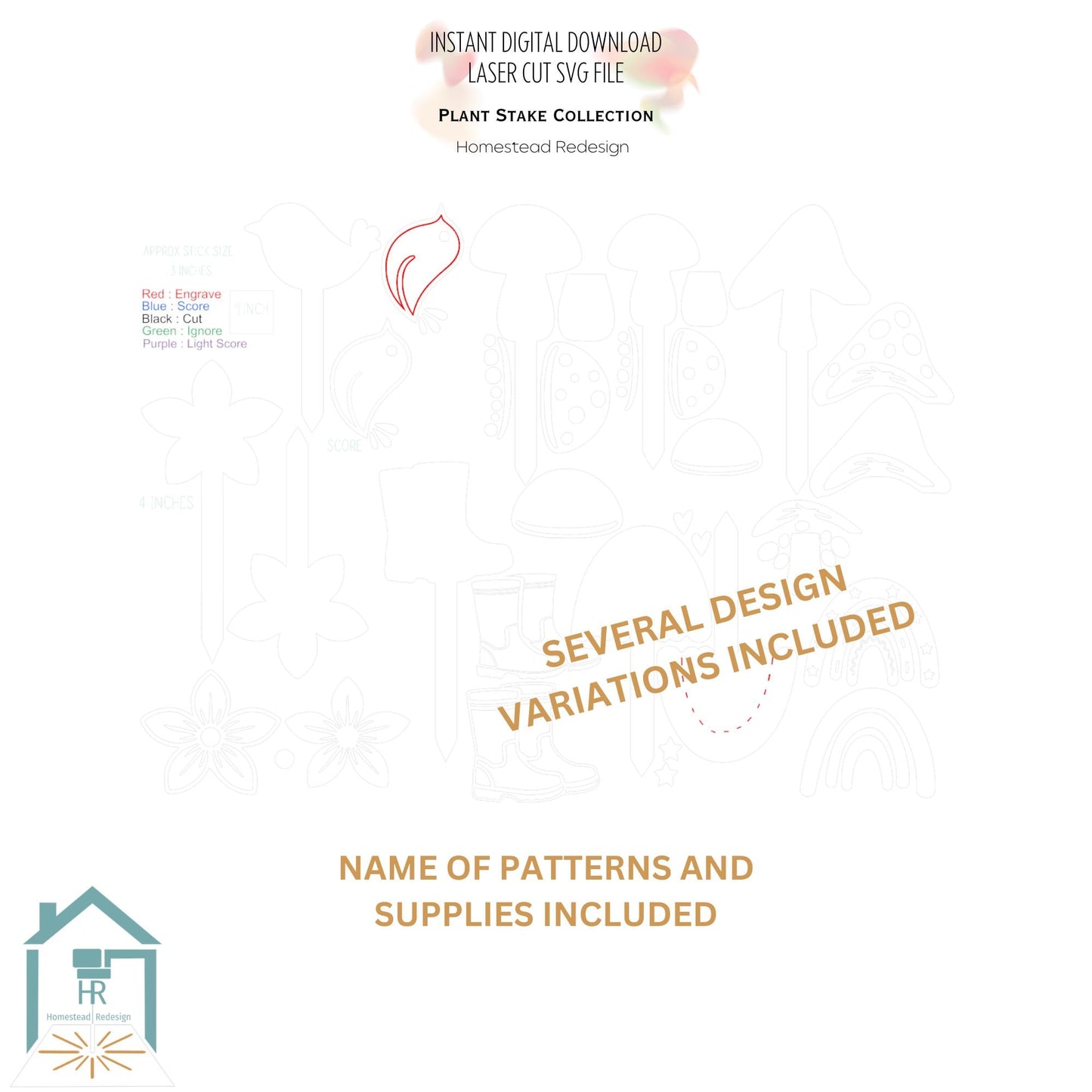 Plant Stake SVG, Flower Pot accessories Collection, Mushroom, Bird, Boot, Rainbow, Flower, digital download Laser Cut file.