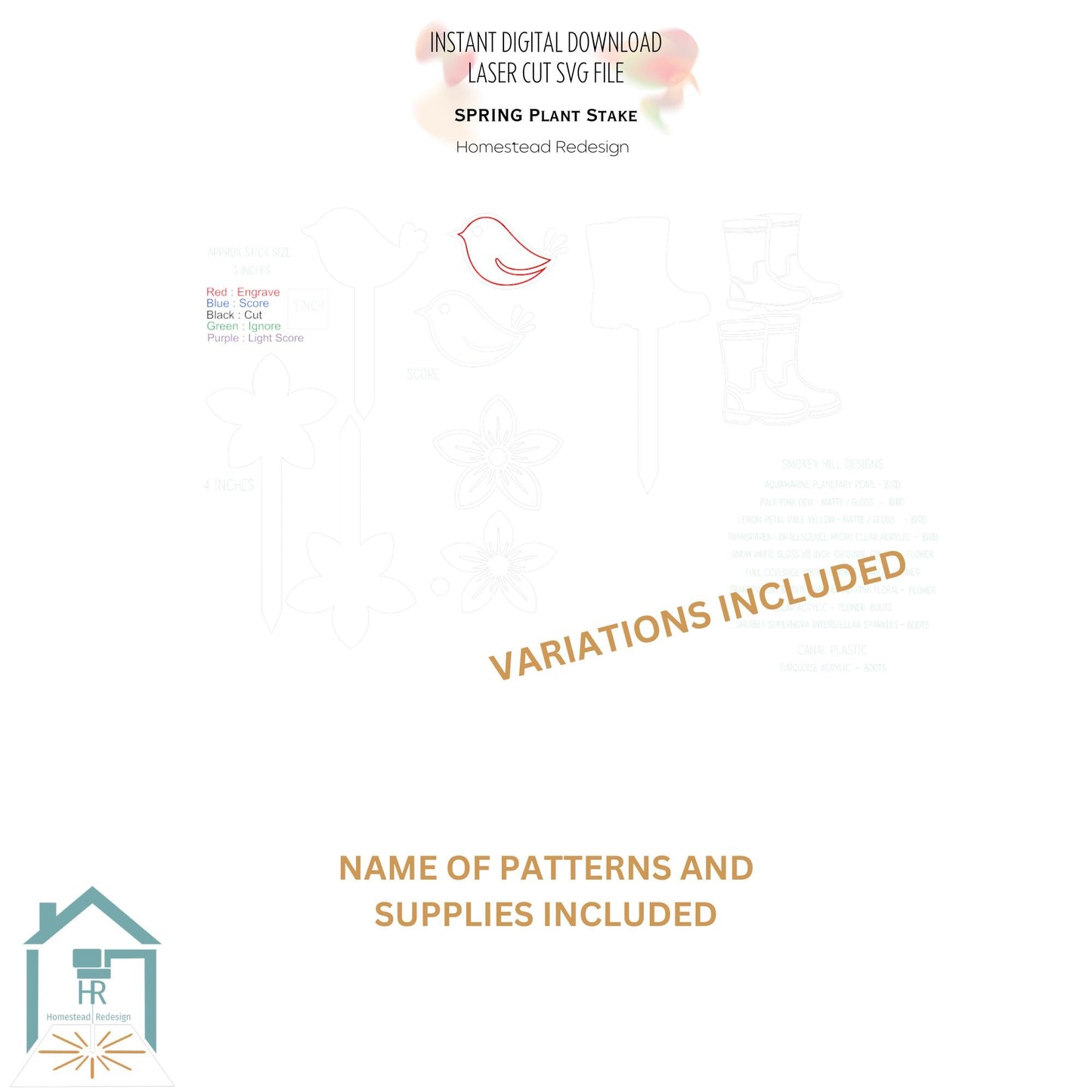 Spring Plant Stake SVG Set, Boots, Bird and Flower, Flower Pot accessories, digital download Laser Cut file.
