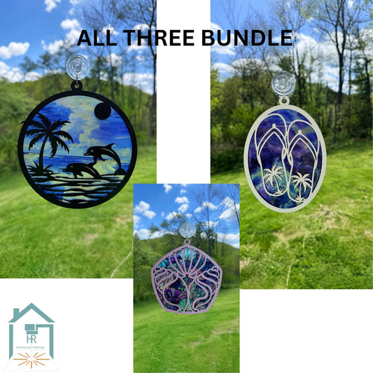 Dolphin, Shell, Flip Flop Sun Catcher collection SVG, Coastal Beach Window Decor, 3 Summer digital download Laser Cut file.