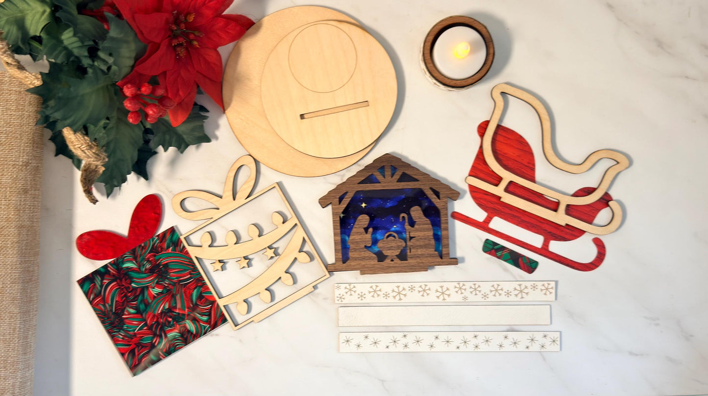 Christmas Tea light holder set Nativity, Sled, Present Laser Ready Cut file, SVG Instant digital download.