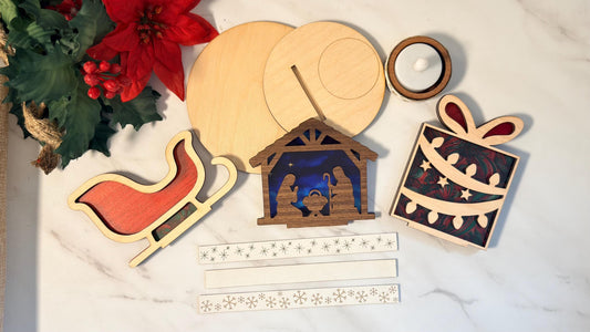 Christmas Tea light holder set Nativity, Sled, Present Laser Ready Cut file, SVG Instant digital download.