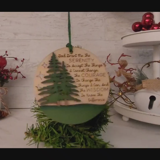 Serenity Prayer laser engraved and cut Christmas ornament, Recovery encouragement.